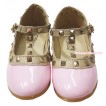 Light Pink Enamel T Strap Stud Rivet Slip On Shoes 8816LightPink